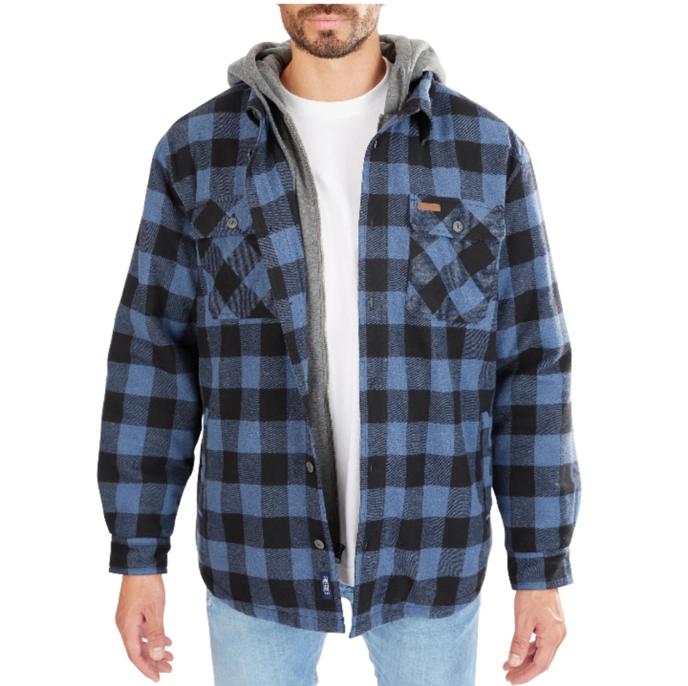 Smith's Workwear Sherpa Lined Hooded Flannel Shirt Jacket Size 2XL Blue/Black
